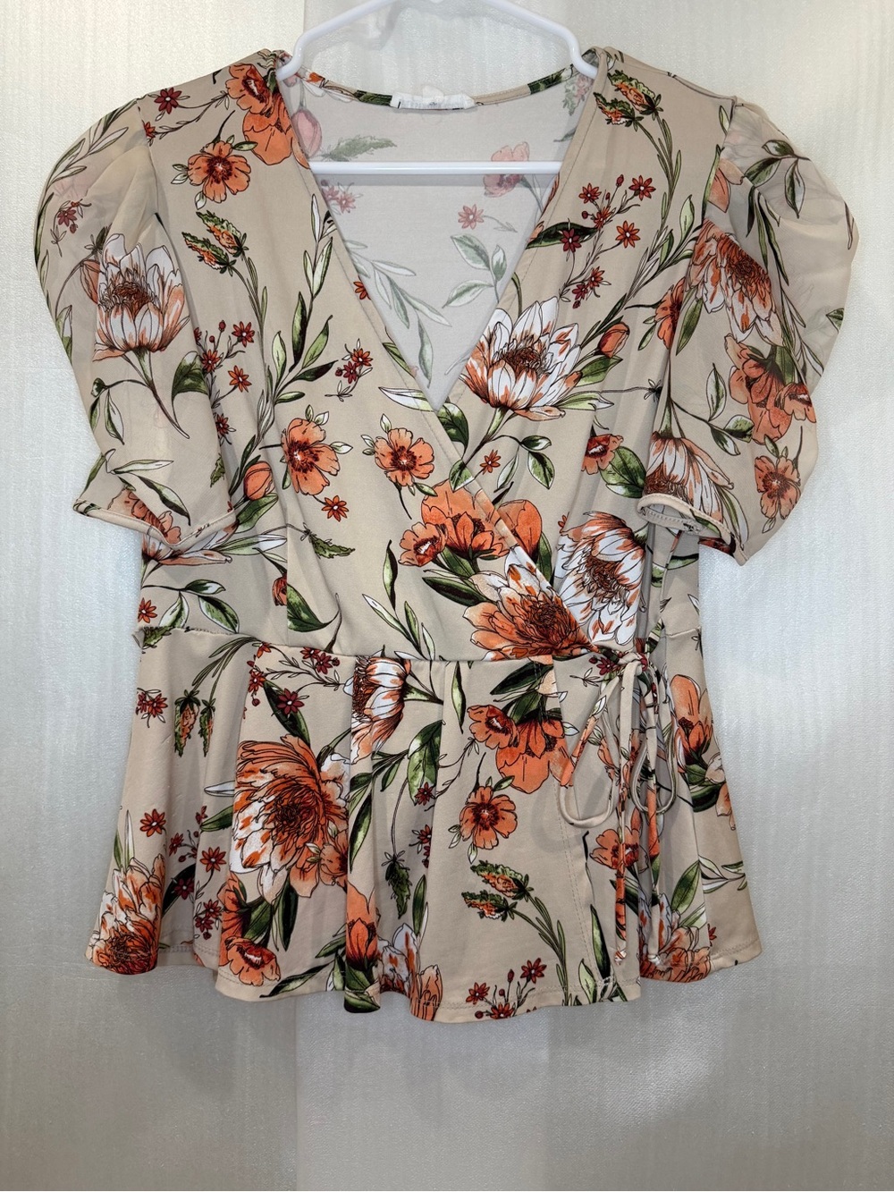 PerSeption Concept Beige Floral Wrap Peplum Top with Orange Accents Puff Sleeves